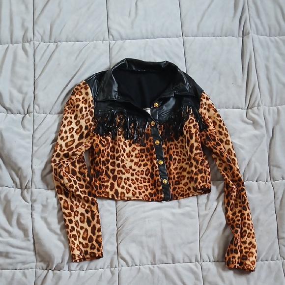 Love Tops - Love J Black Satin Leopard Print Tassled Jacket Size S Fringes